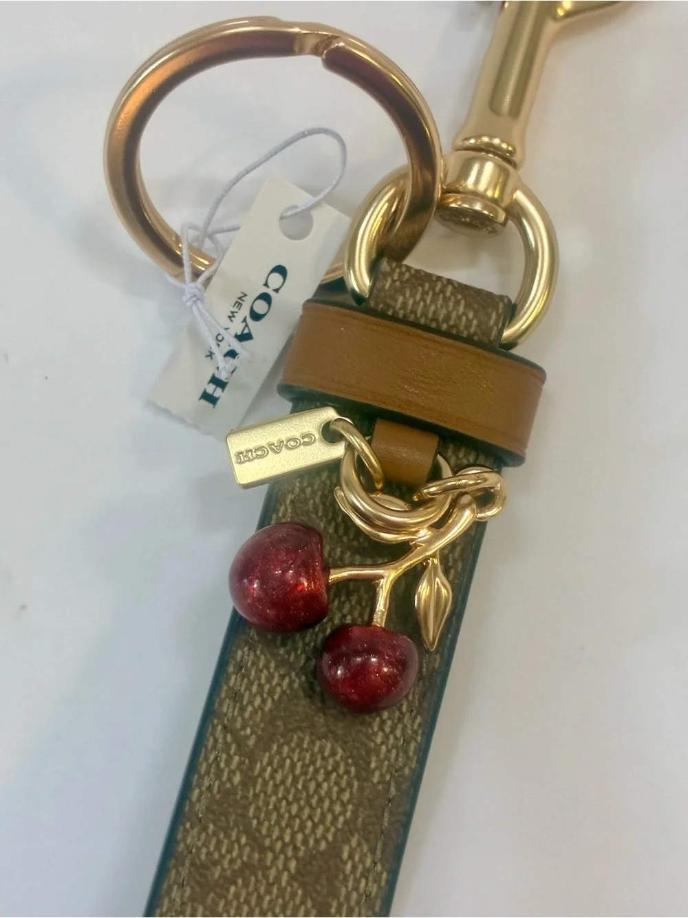 Coach Signature Trigger Snap Charm Loop Keychain Bag Charm With Dangling Cherry